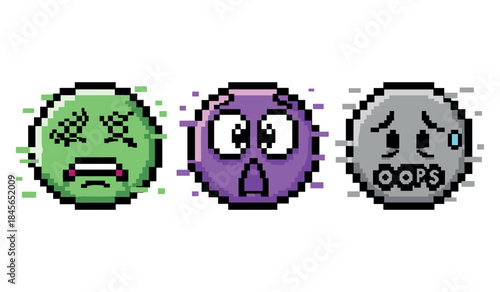 Collection of three colorful pixel art emoticons displaying different emotions