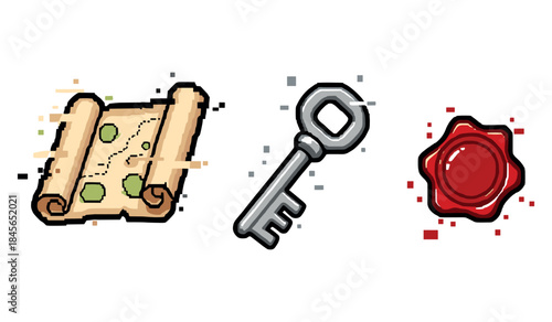 Cartoon treasure map, key, and red wax seal symbols