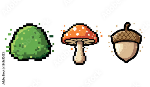 Pixel art of green bush, red mushroom, and acorn on white background