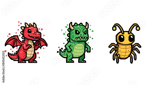 Pixel art characters: red dragon, green monster, and yellow insect with horns