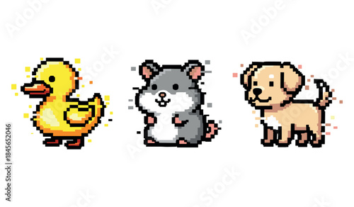 Pixel art cute duck, hamster, and dog characters on white background