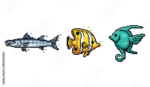 Colorful pixel art fish trio: barracuda, angelfish, seahorse