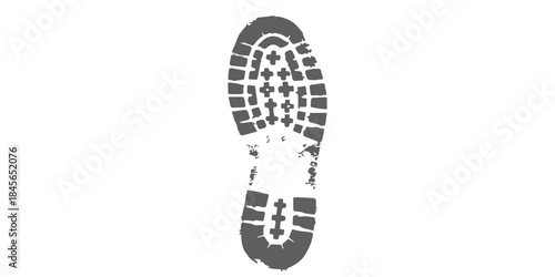 A distinct and detailed imprint of a rugged boot sole against a stark white background