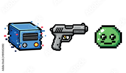Retro pixel art icons: radio, gun, slime face in 8-bit style