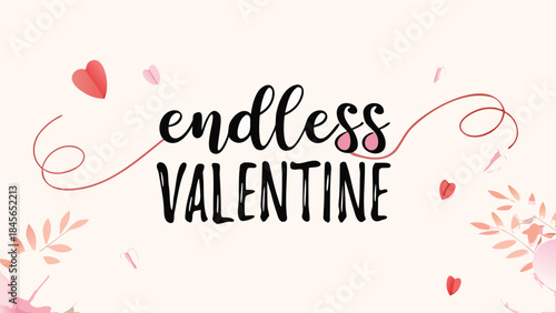 Endless valentine stylish calligraphy swashes pastel red heart leaves