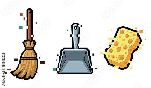 Colorful cartoon cleaning tools: broom, dustpan, and sponge illustration