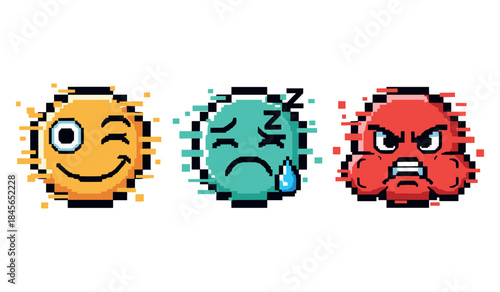 Pixel art emoticons: winking, sleepy, angry expressions in vibrant colors