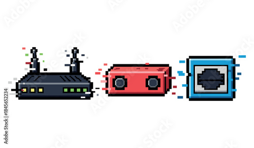 Pixel art technology: router, cassette, camera icon trio