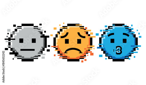 Colorful pixelated emojis expressing neutral, sad, and surprised emotions