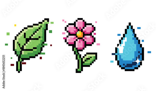 Pixel art nature icons: leaf, flower, water drop in vibrant colors