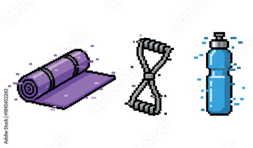 Pixel art: yoga mat, jump rope, water bottle for fitness enthusiasts