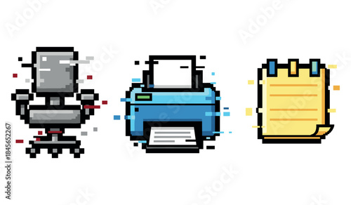 Pixel art office essentials: chair, printer, and notepad icons