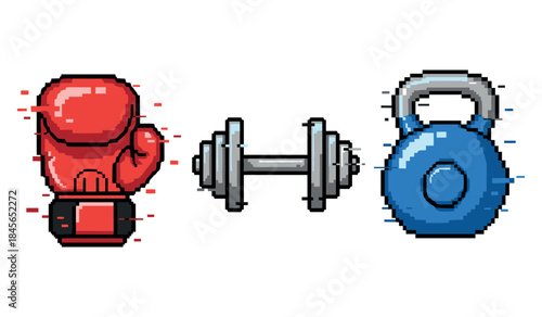 Pixel art fitness icons: boxing glove, dumbbell, and kettlebell