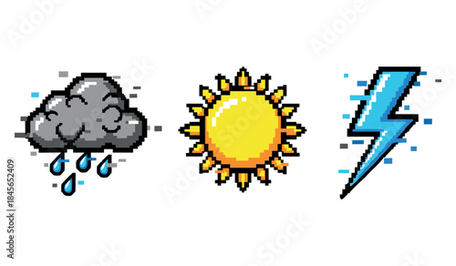 Pixel art weather icons: rain, sun, thunder with cloud, lightning