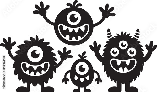 Set of funny smiling monster silhouettes with different shapes and features, including horns and big eyes