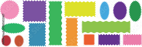 Geometric shapes with scallop and zigzag edges set. Modern blank templates for price tags, promotion signs, and marketing design. Zig zag edge circle, square shape collection. 