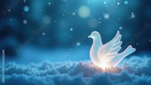 Wallpaper Mural A frosted glass dove silhouette illuminated softly, blurred winter background with cool blue bokeh sparkles, peaceful holiday aesthetic. Torontodigital.ca