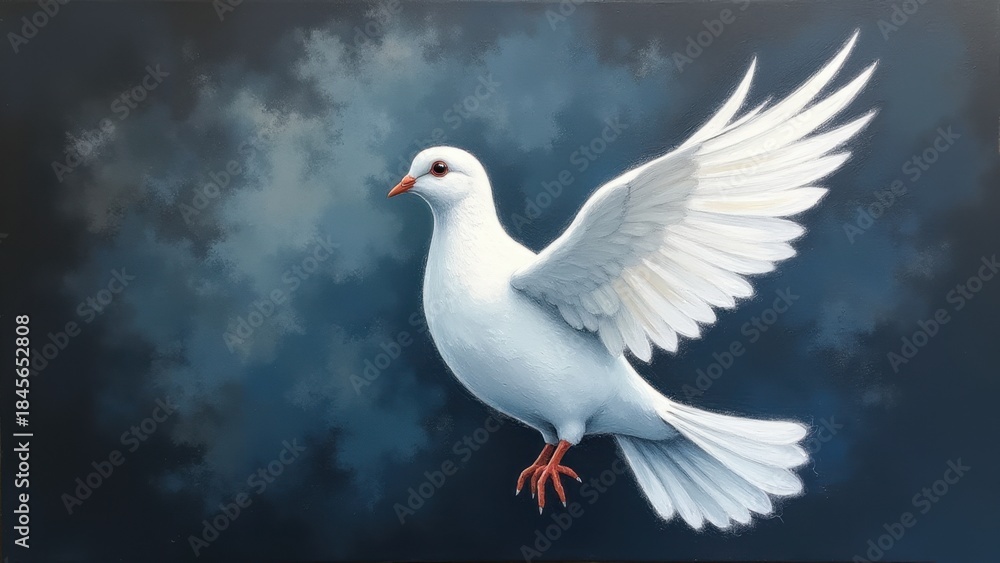 Obraz premium White dove flying with spread wings on dramatic dark blue cloudy background in artistic painting style. concept of peace, spirituality, religion