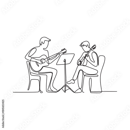 A continuous line drawing of two musicians playing instruments together