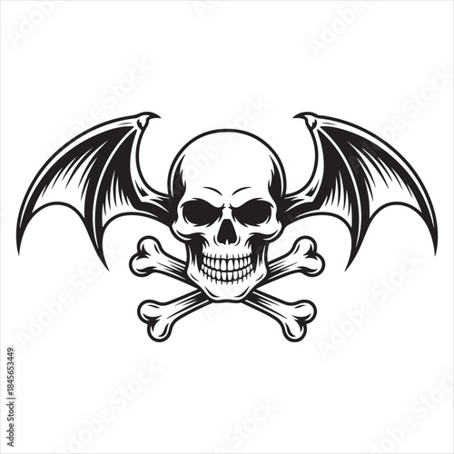 A detailed black and white illustration of a winged skull with crossed bones