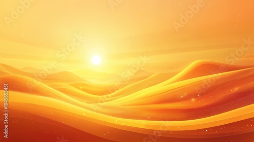 Fototapeta Naklejka Na Ścianę i Meble -  Abstract desert landscape featuring warm golden and orange hues, soft undulating sand dunes, and a bright sun emitting shimmering light creating a serene, conceptual background