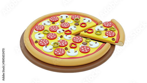 Pizza with Slice Removed on Wooden Plate - 3D Render