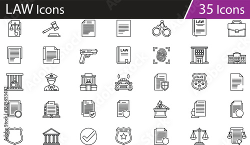 Law and justice icons set, legal system symbols, police and courtroom elements, enforcement and rights graphics, vector illustration