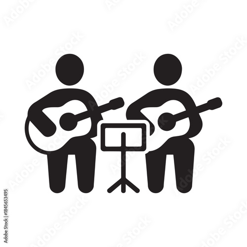 Black and white icon depicting two musicians playing guitars with a stand