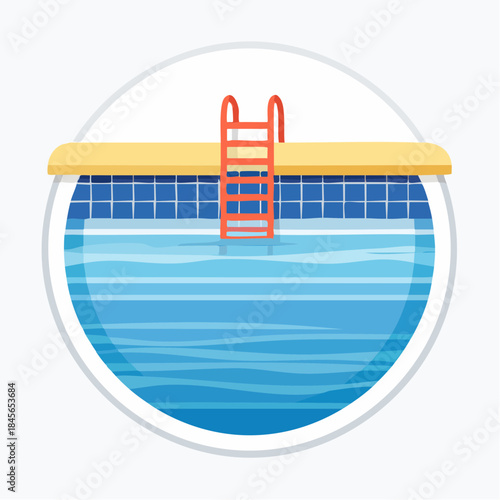 Pool and Ladder Icon: A serene pool, inviting with its cool, azure water, and a vibrant orange ladder promises easy access for a refreshing dip, perfectly encapsulated within a clean, circular design.
