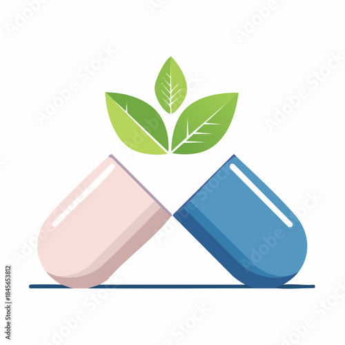 Alternative Medicine: An open capsule featuring natural leaves, highlighting the embrace of wellness, natural remedies, and the power of botanical elements in healthcare.