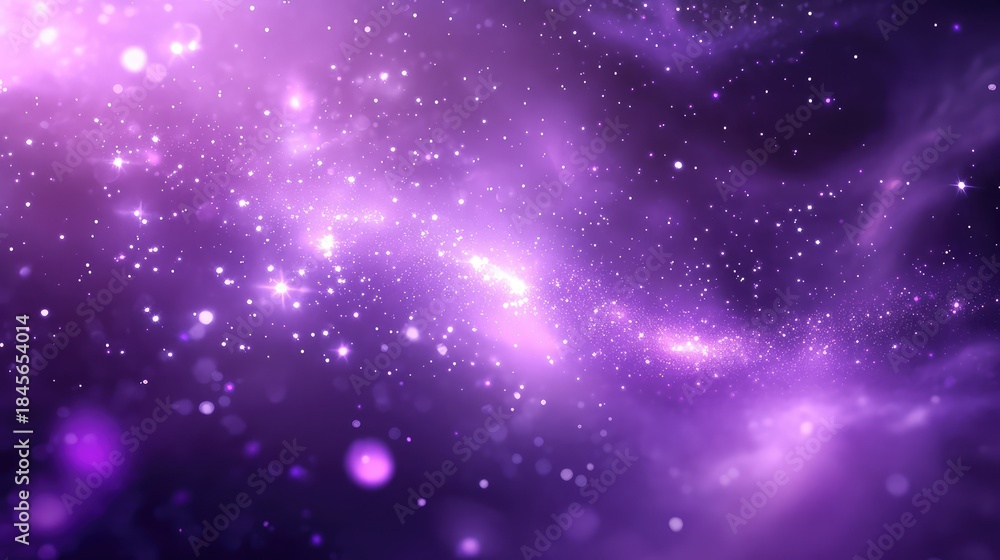 Obraz premium Abstract purple background showing a shimmering, glowing galaxy or nebula filled with countless bright stars and sparkling particles, creating a dazzling and luminous texture