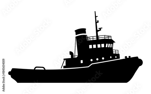 Silhouette of a classic tugboat on a white background.