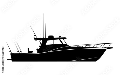 Silhouette of a fishing boat on a white background, perfect for marine and outdoor adventure themes.