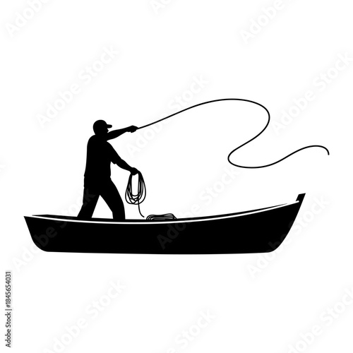 Silhouette of a fisherman casting a line from a small boat.