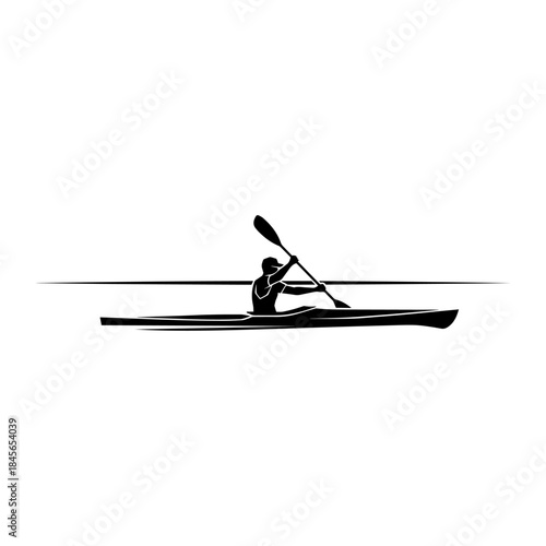 Silhouette of a kayaker paddling a canoe on a calm body of water.