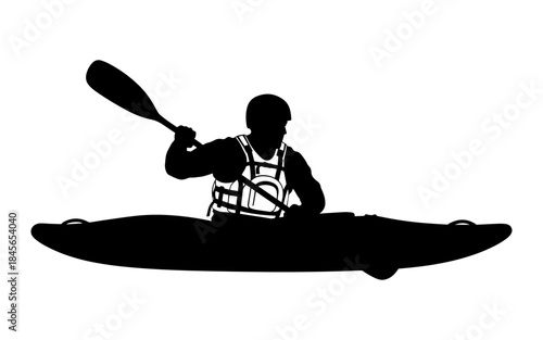 Silhouette of a kayaker paddling with a single-bladed oar, showcasing watersports and outdoor recreation.