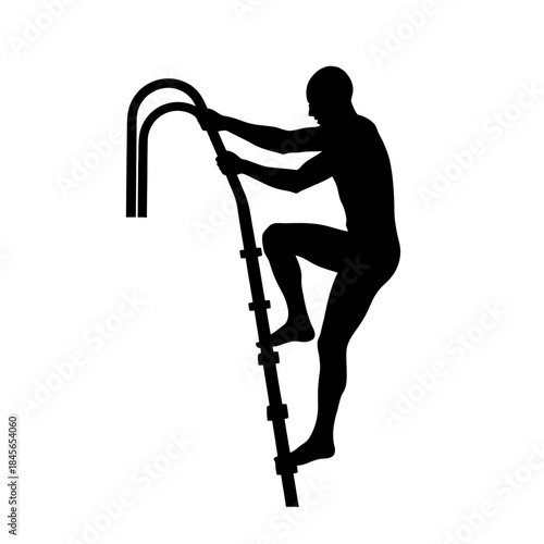 Silhouette of a man climbing a ladder.