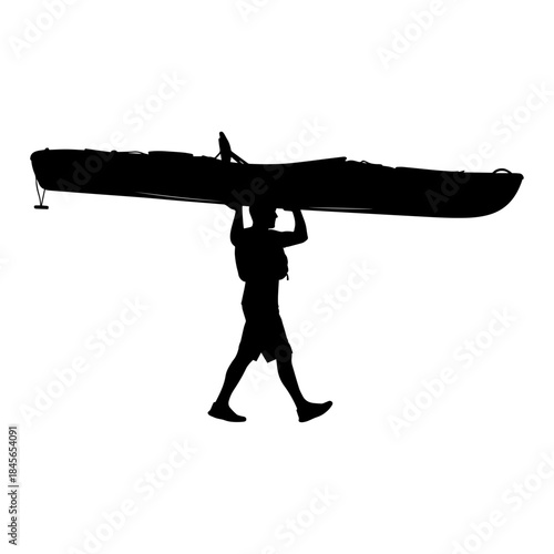 Silhouette of a person carrying a kayak on their head.