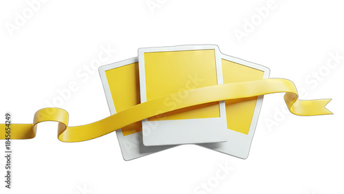 Polaroid Photos with Ribbon Decoration on White Background
