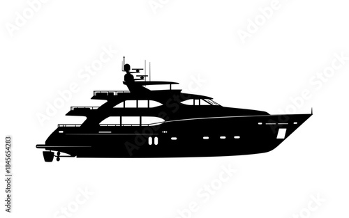 Sleek luxury yacht silhouette against a clean white background.