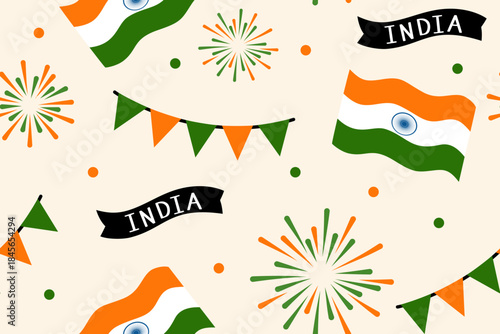 happy republic day of india seamless pattern with indian flags, tricolor bunting, fireworks, and festive decorations
