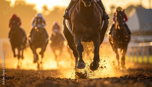 Intense Horse Racing Action: Low-Angle View of Galloping Horses and Jockeys at Sunset
