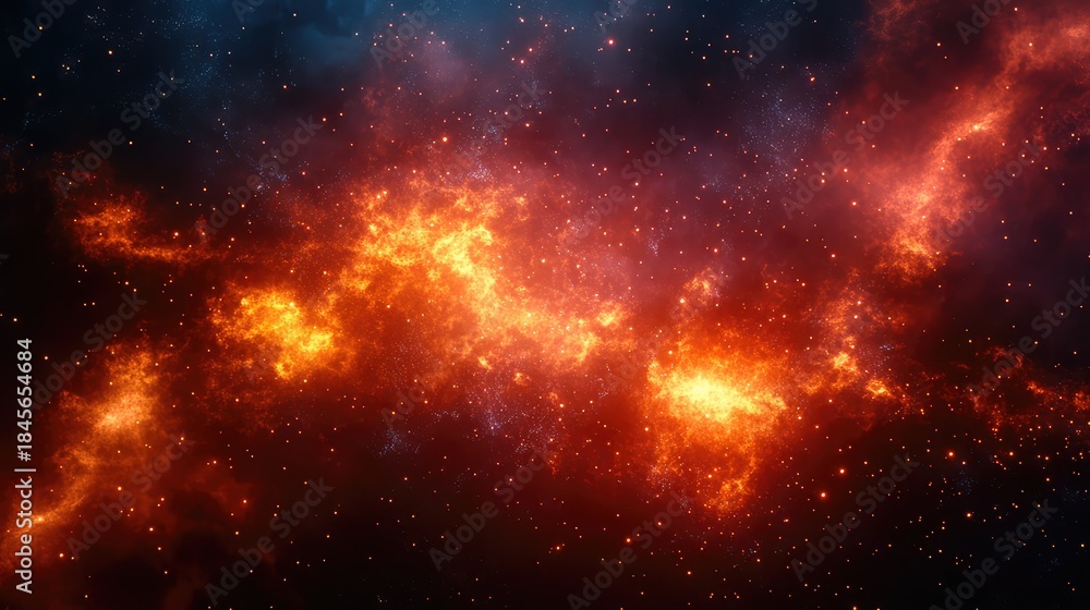 Obraz premium Cosmic nebula glowing in vibrant orange and red colors, forming new stars and illuminating the vast, dark expanse of deep space and the infinite universe