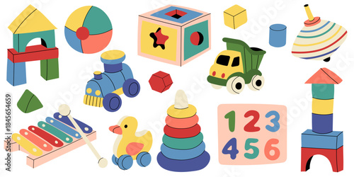 Cute toddler toy set in flat style with wooden blocks, train, truck, duck, ball, pyramid, xylophone and numbers. Perfect for kids design, nursery decor, education, toys and childhood themes
