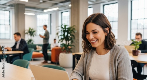 Young professional woman working on laptop in modern office space