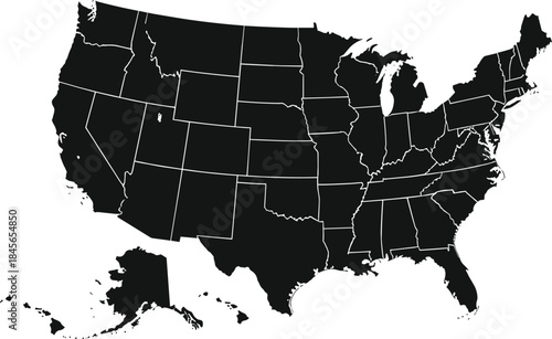 USA map silhouette, 50 state outline, editable, isolated, black vector, geographic icon, political boundary, travel design