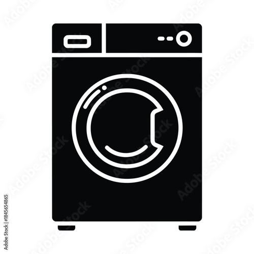 Black and white icon of a front loading washing machine laundry appliance
