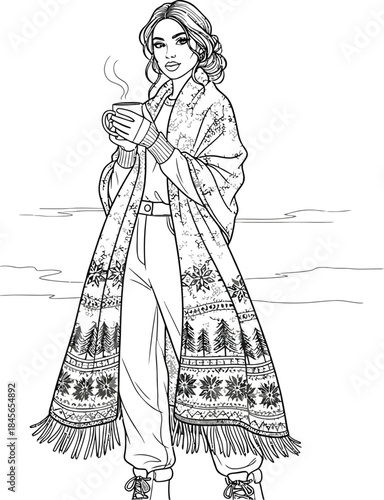 Woman in winter shawl holding a warm drink on a cold day coloring page art