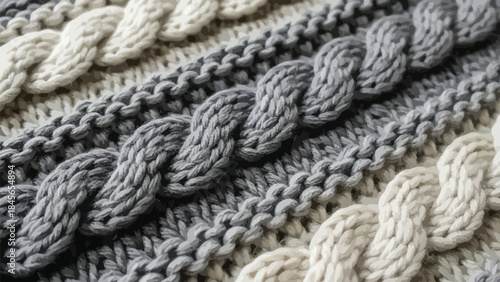 Close up of a cozy knitted wool cable pattern in gray and cream colors