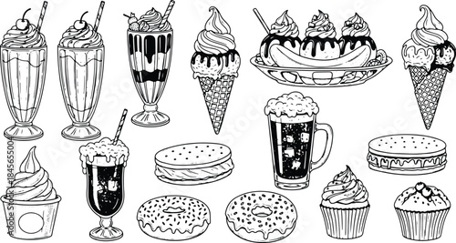 Vintage Black and White Dessert Illustration Set with Ice Cream Donut Cupcake